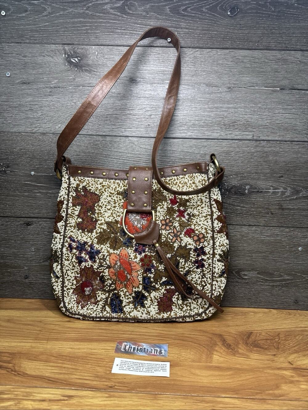 VTG Christiana Glass Hand Beaded White Earthtones Shoulder Bag Large Crossbody